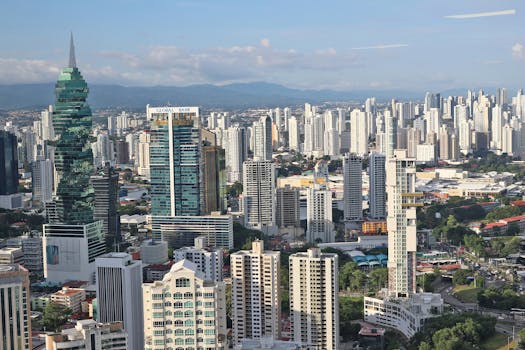 Aerial view of the modern skyline in Panamá City showcasing iconic skyscrapers and urban architecture.